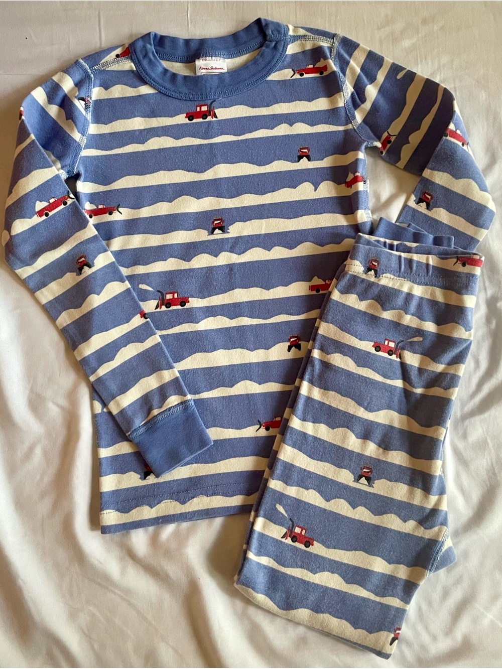 Hanna Andersson Blue and Cream Striped Snow Plow Pajama Set